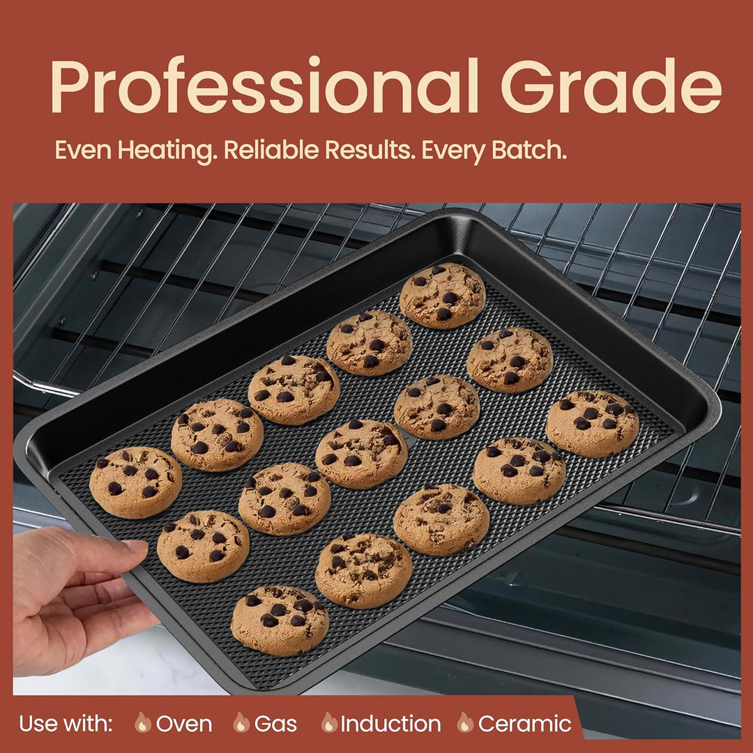 Diamond Bottom Cookie Sheet Set of 2, Nonstick Gray Carbon Steel Baking Pans for Crisp Baking, Space-Saving Stackable Trays, PFOA, PFOS, PTFE Free, Oven Safe Up to 450°F, Small & Medium Pans