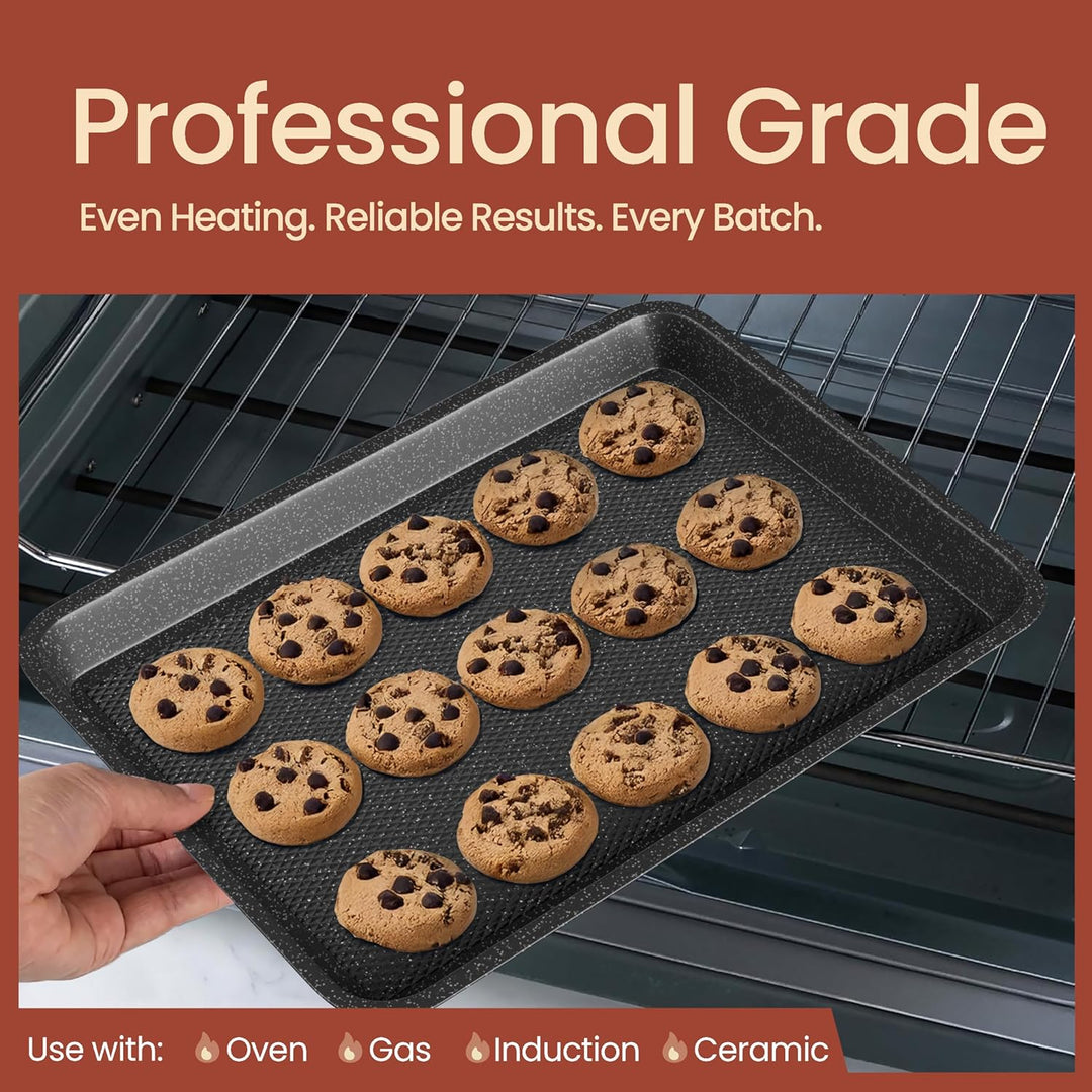 Diamond Bottom Cookie Sheet Set of 2, Nonstick Gray Marble Carbon Steel Baking Pans for Crisp Baking, Space-Saving Stackable Trays, PFOA, PFOS, PTFE Free, Oven Safe Up to 450°F, Small & Medium Pans