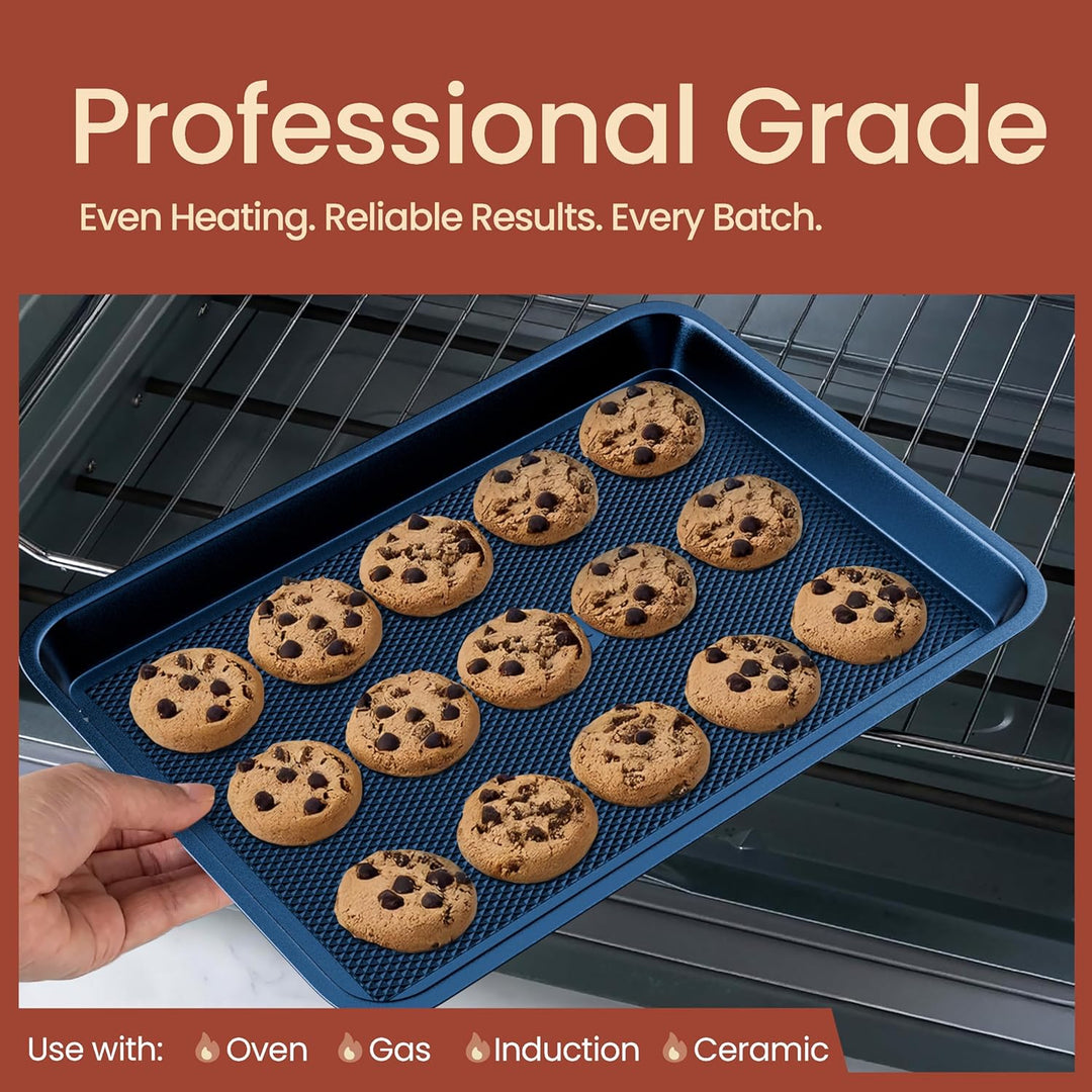 Diamond Bottom Cookie Sheet Set of 2, Nonstick Blue Carbon Steel Baking Pans for Crisp Baking, Space-Saving Stackable Trays, PFOA, PFOS, PTFE Free, Oven Safe Up to 450°F, Small & Medium Pans