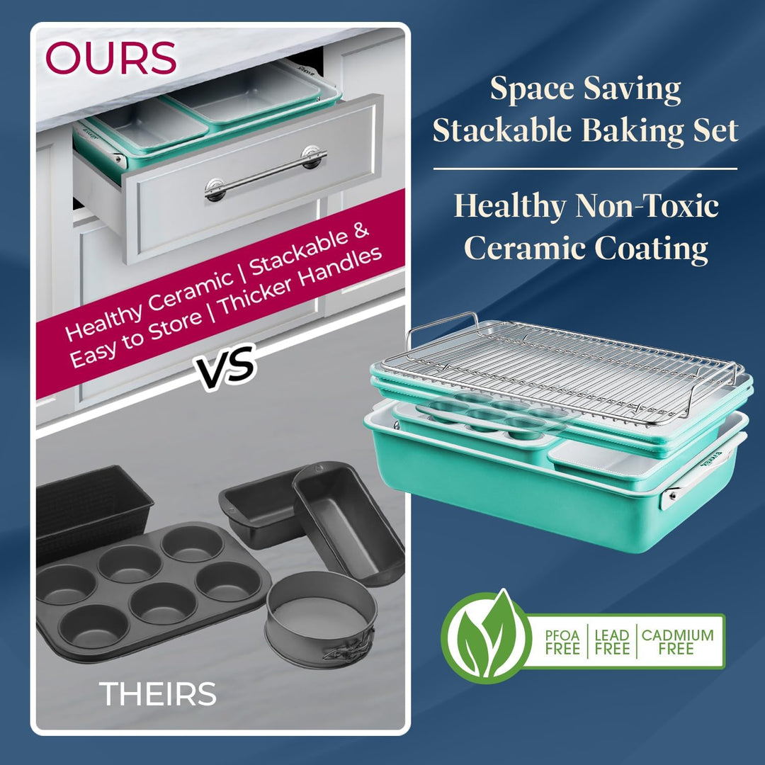 Bakken 8-Piece Stackable Bakeware Set - Ceramic Non-Stick Coating, Baking Sheets, Assorted Baking Pans, PTFE, PFOA & PFOS Free - Healthy Baking, Ergonomic Handles, Cooling Rack, Non-Toxic, Oven-Safe