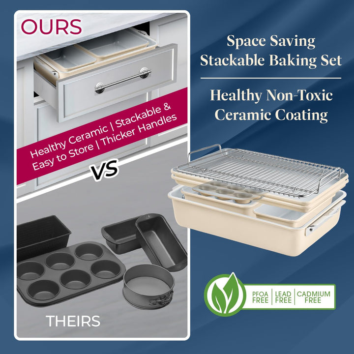Bakken 8-Piece Stackable Bakeware Set - Ceramic Non-Stick Coating, Baking Sheets, Assorted Baking Pans, PTFE, PFOA & PFOS Free - Healthy Baking, Ergonomic Handles, Cooling Rack, Non-Toxic, Oven-Safe