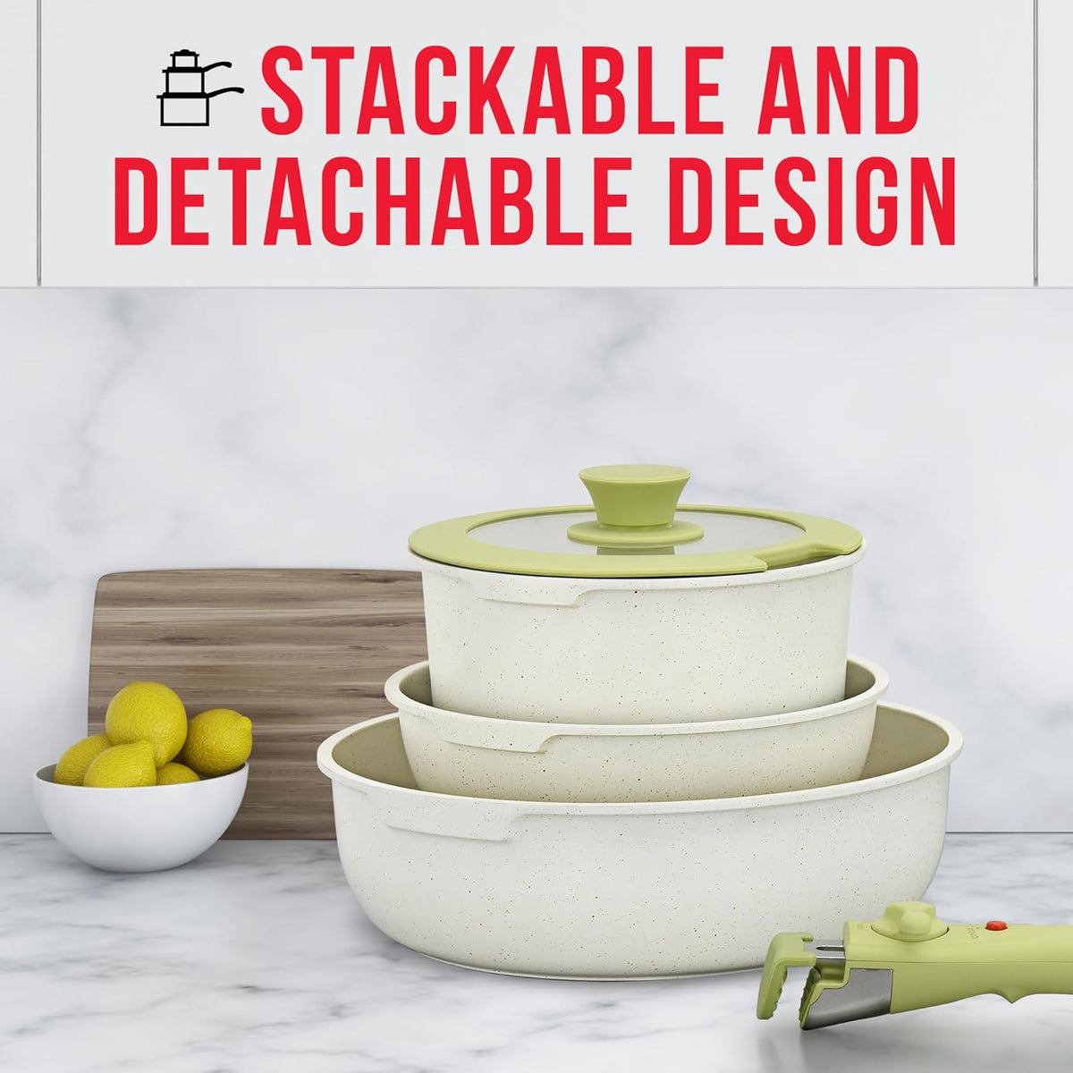 Bakken 15-Piece Detachable Cookware Set, Granite, Green/Cream, photo 9 of 9