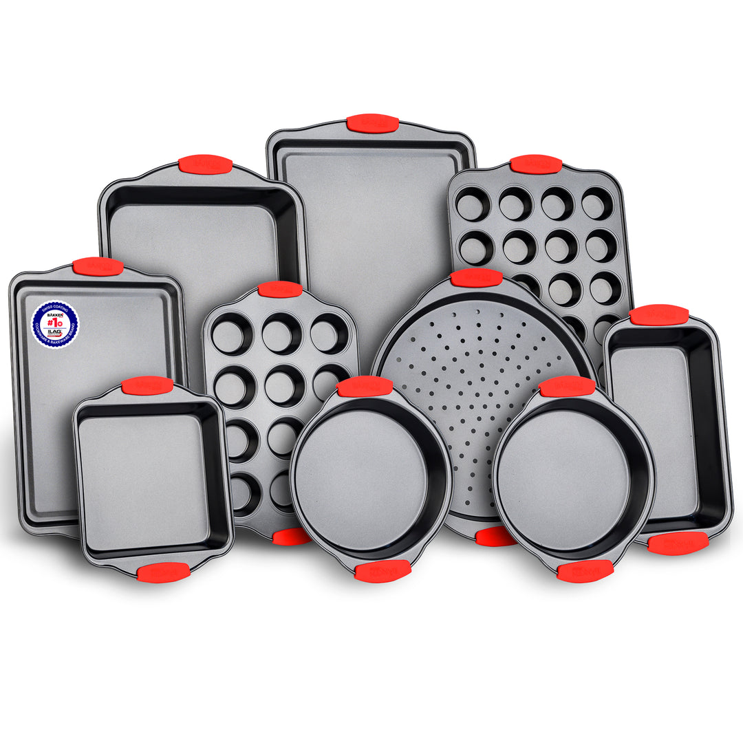 Bakken 10-Piece Non-Stick Bakeware Set – Carbon Steel with Red Silicone Handles, PFOA-Free