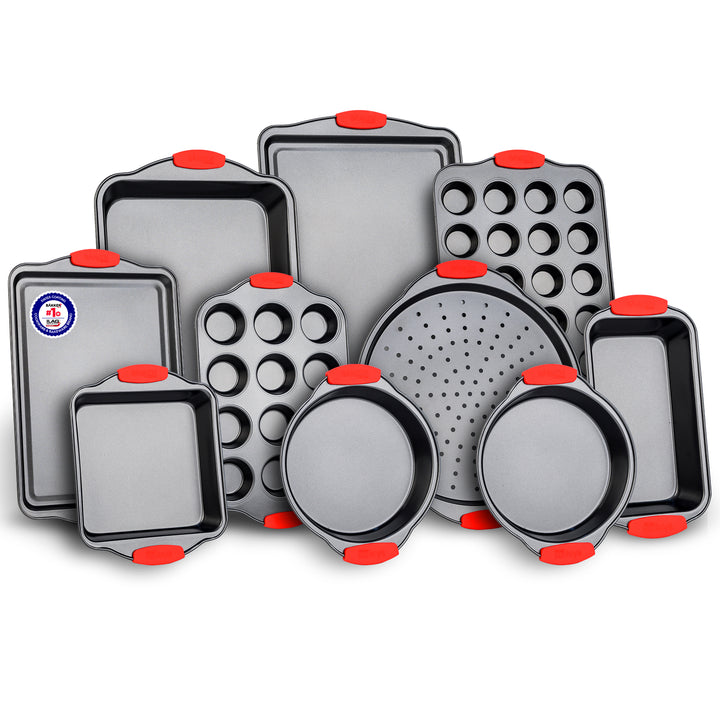 Bakken 10-Piece Non-Stick Bakeware Set – Carbon Steel with Red Silicone Handles, PFOA-Free