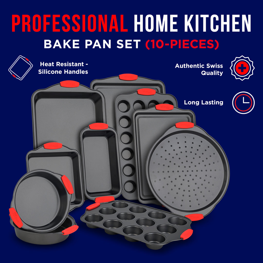 Bakken 10-Piece Non-Stick Bakeware Set – Carbon Steel with Red Silicone Handles, PFOA-Free