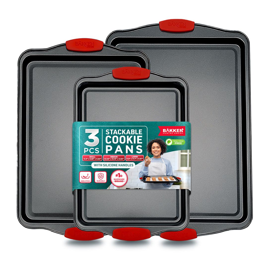 BAKKEN Cookie Sheets for Baking Nonstick Set - 3-Piece Stackable Carbon Steel Baking Sheet Pans Set with Silicone Handles, Non Toxic Cookie Sheets for Baking Bakeware Set - Black