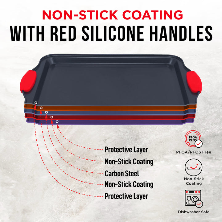 BAKKEN Cookie Sheets for Baking Nonstick Set - 3-Piece Stackable Carbon Steel Baking Sheet Pans Set with Silicone Handles, Non Toxic Cookie Sheets for Baking Bakeware Set - Black