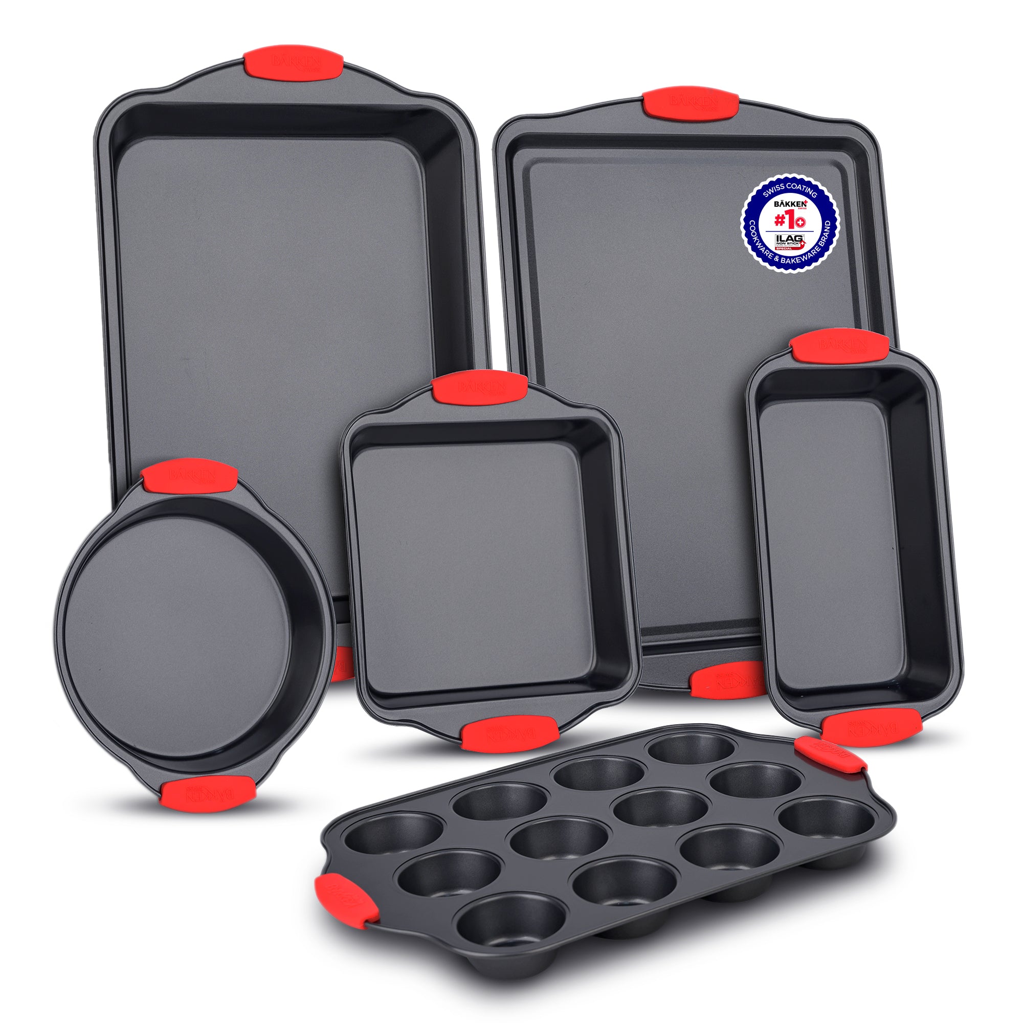 6-Piece Non-Stick Bakeware Set with Red Silicone Handles – PFOA-Free b ...