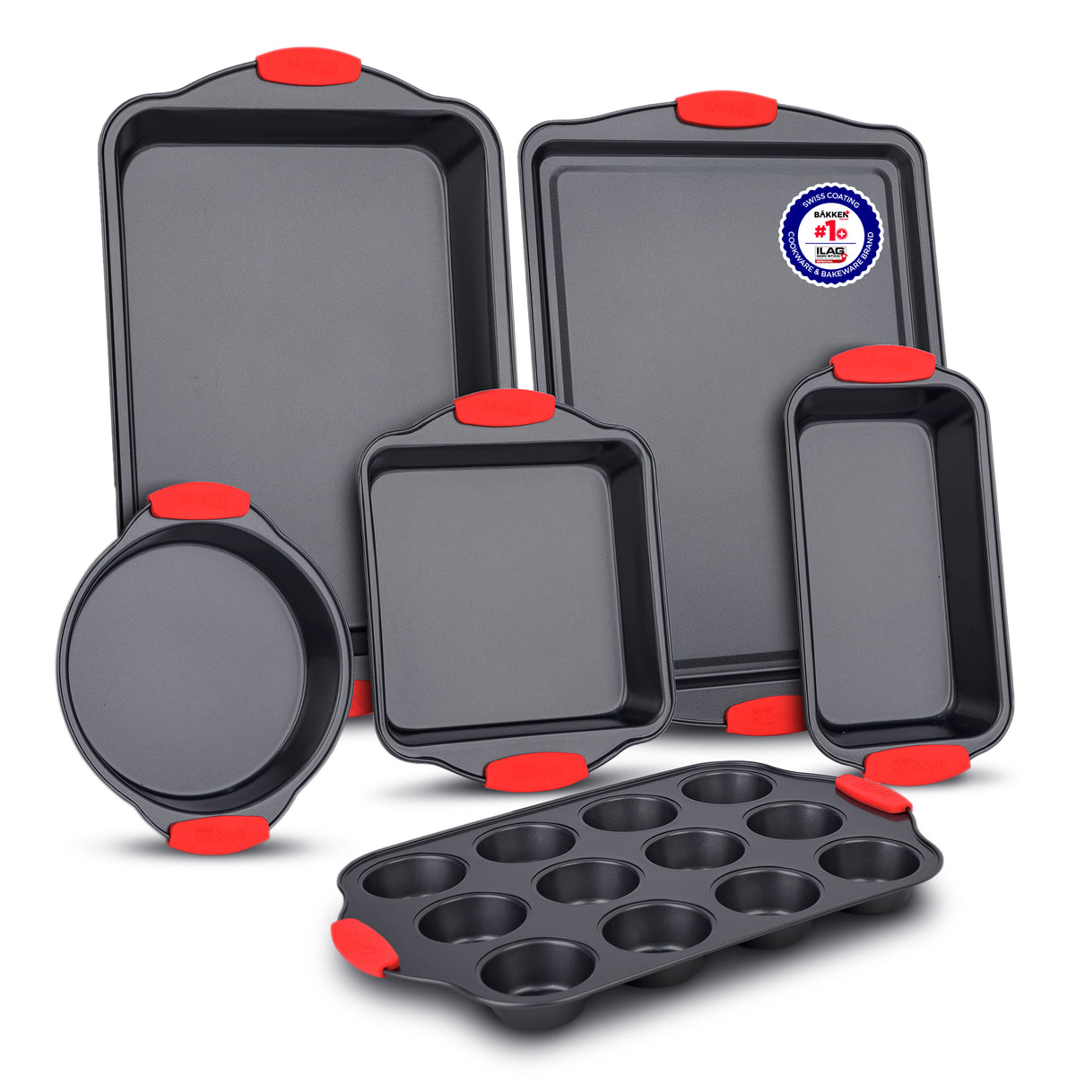 Bakken 6-Piece Bakeware Set – Gray, Red Handles