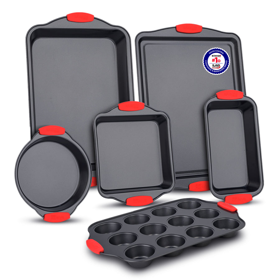 Bakken 6-Piece Bakeware Set – Gray, Red Handles