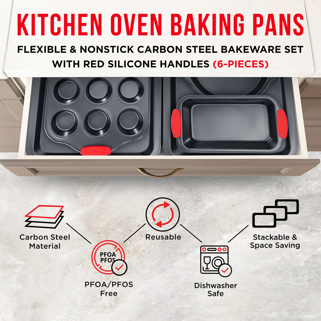 6-Piece Non-Stick Bakeware Set with Red Silicone Handles – PFOA-Free by Bakken