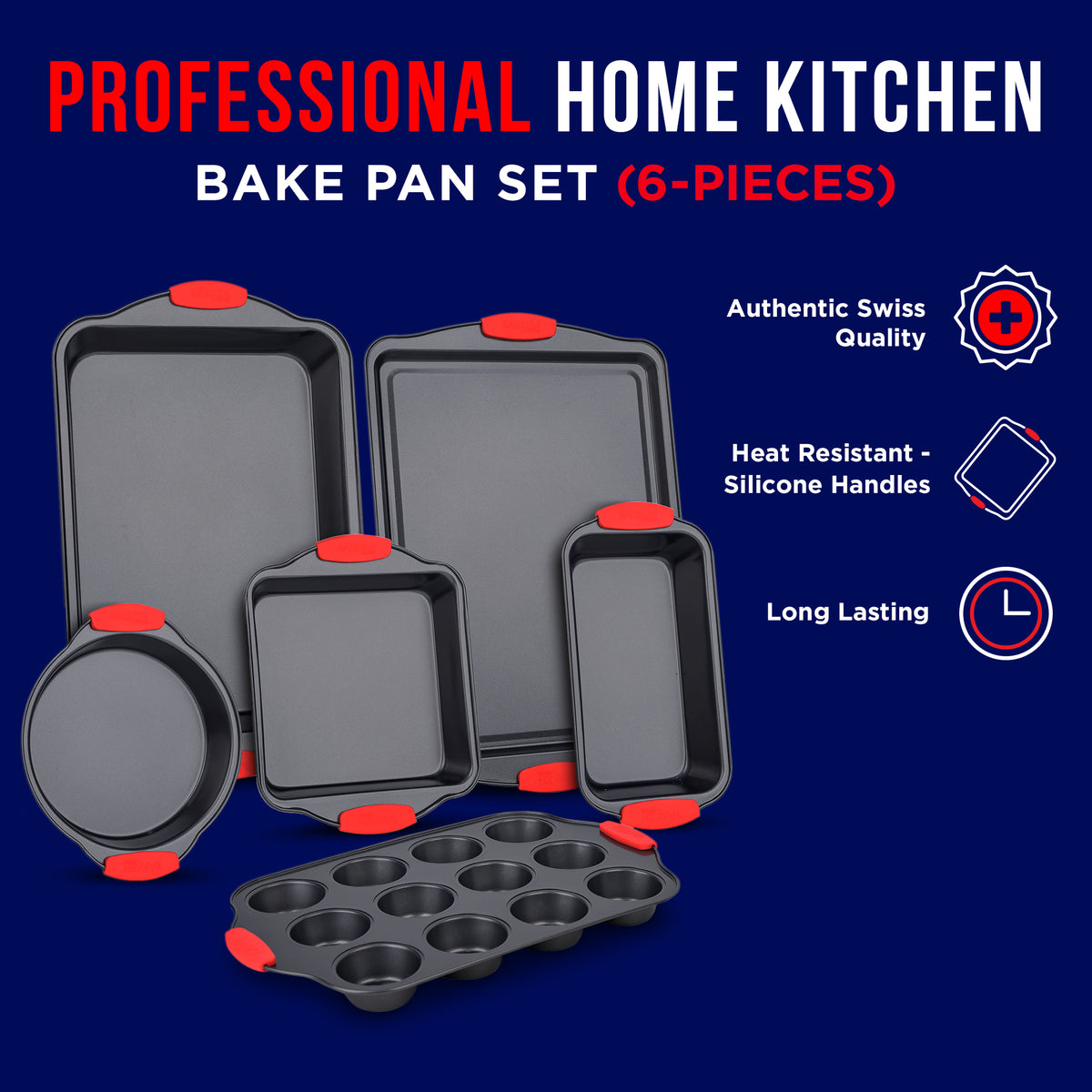 Bakken 6-Piece Bakeware Set, Gray with Red Handles, photo 4 of 8
