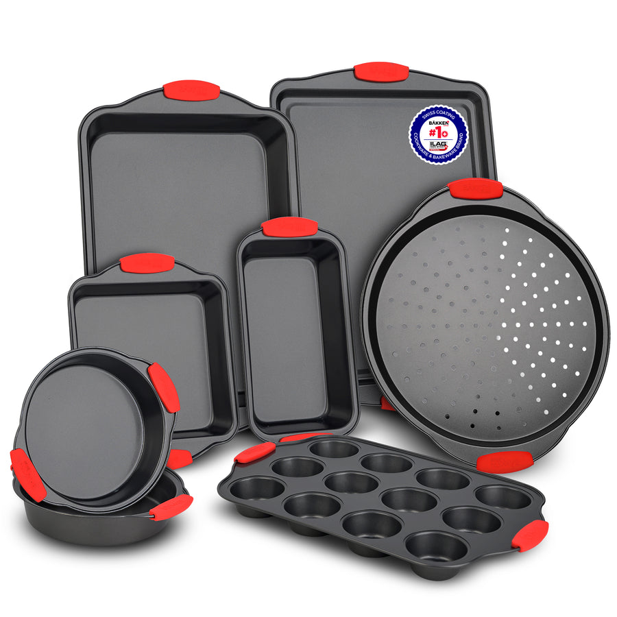 Bakken 8-Piece Bakeware Set – Gray, Red Handles