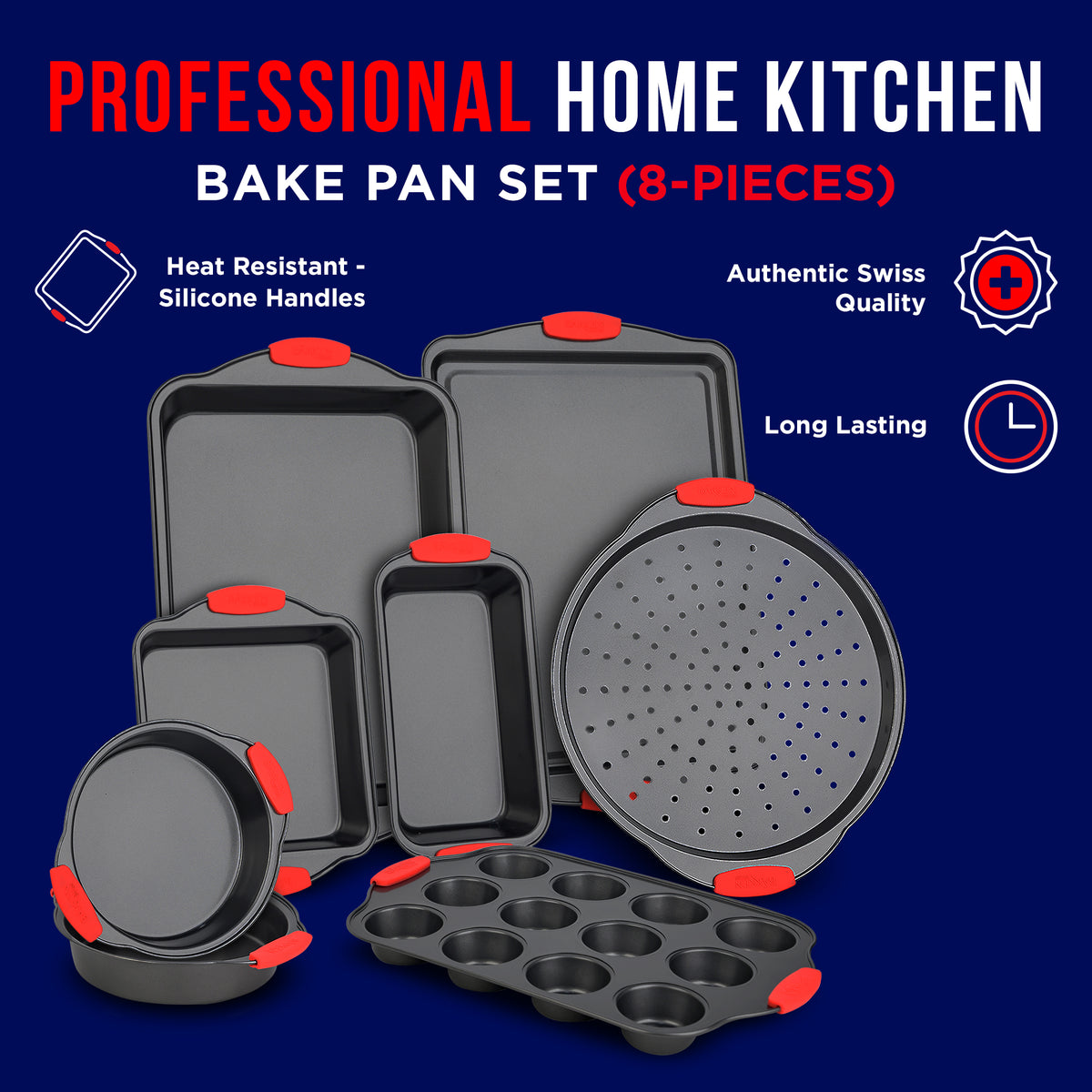 Bakken 8-Piece Bakeware Set, Gray with Red Handles, photo 4 of 8