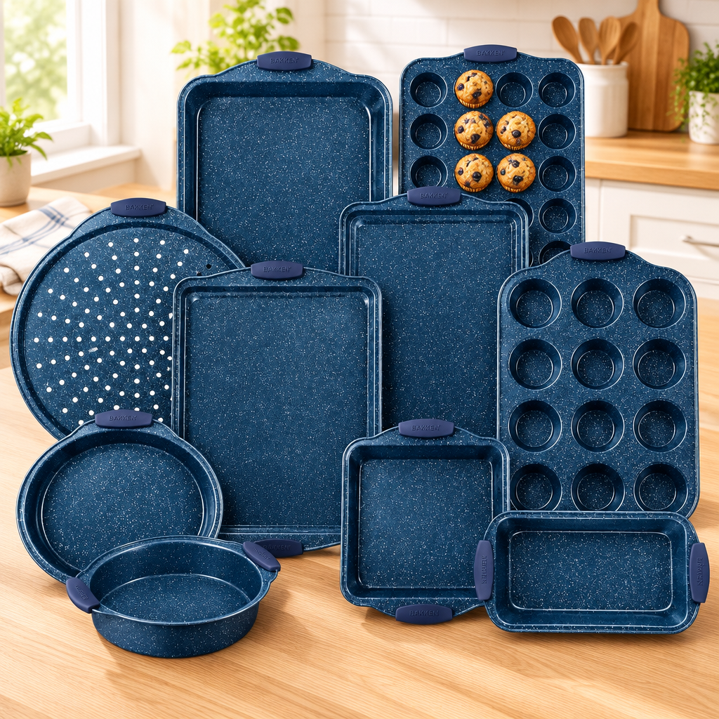 Bakken 10-Piece Bakeware Set, Gray with Blue Handles, styled in a kitchen
