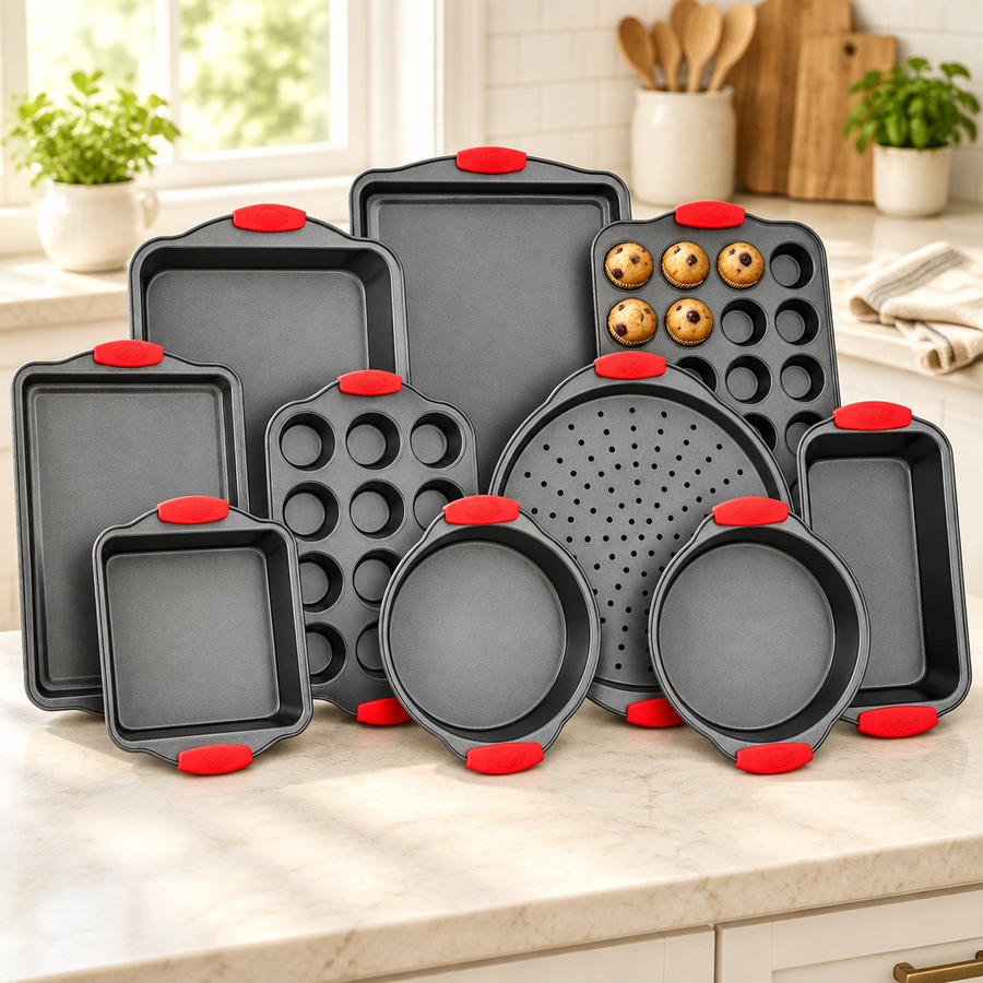 Bakken 10-Piece Bakeware Set, Gray with Red Handles, styled in a kitchen