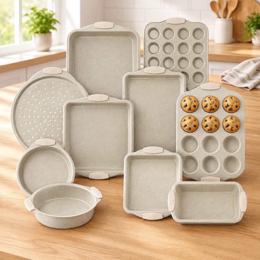 Bakken 10-Piece Bakeware Set, Gray with White Handles, styled in a kitchen
