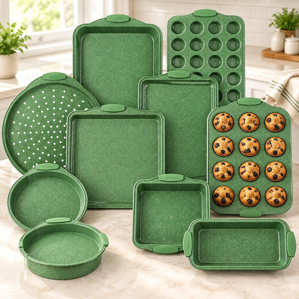 Bakken 10-Piece Bakeware Set, Green Marble, styled in a kitchen