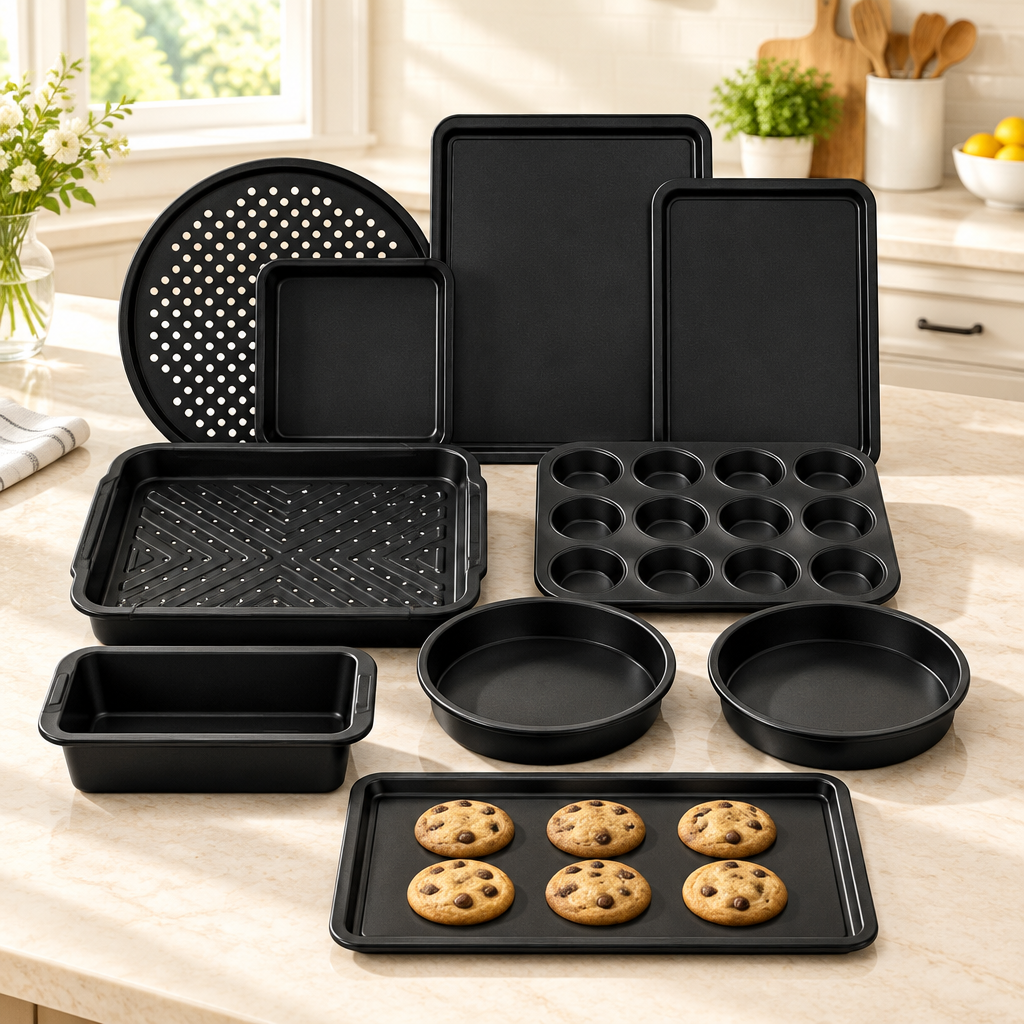 Bakken 10-Piece Deluxe Bakeware Set, Nonstick, Black, styled in a kitchen