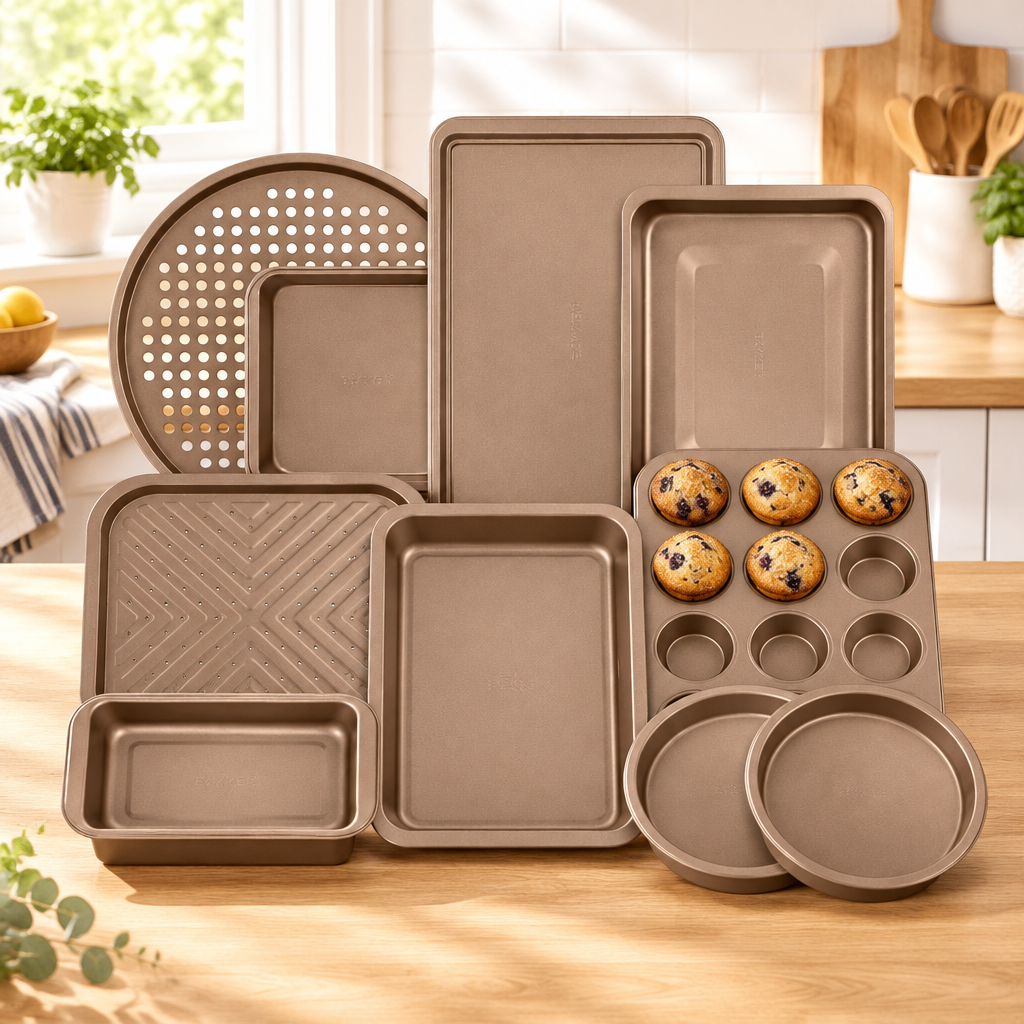 Bakken 10-Piece Stackable Bakeware Set, Brown, styled in a kitchen