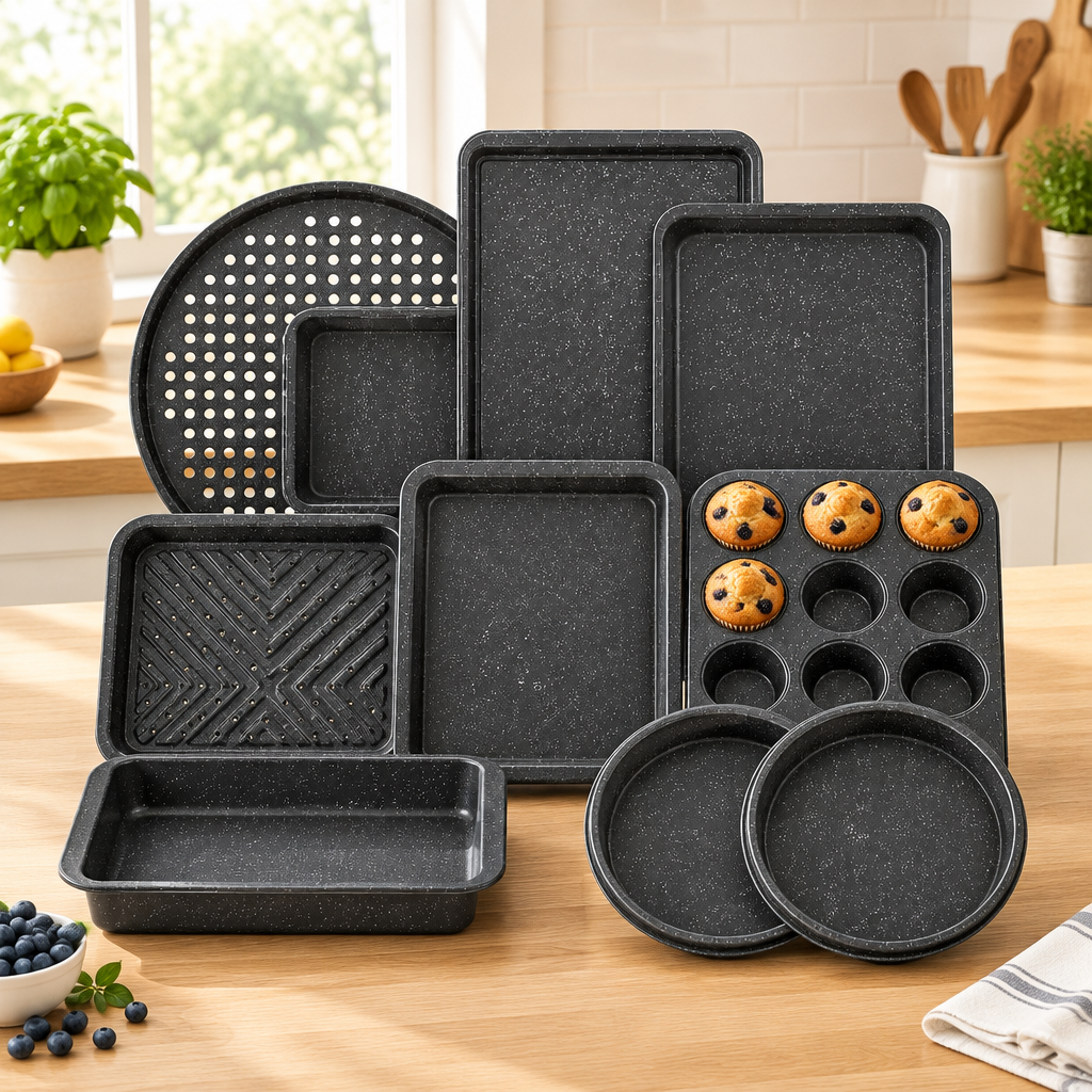 Bakken 10-Piece Stackable Bakeware Set, Gray Marble, styled in a kitchen