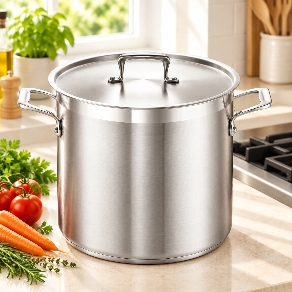 Bakken 12 QT Stainless Steel Stockpot, 18/8 Steel, styled in a kitchen