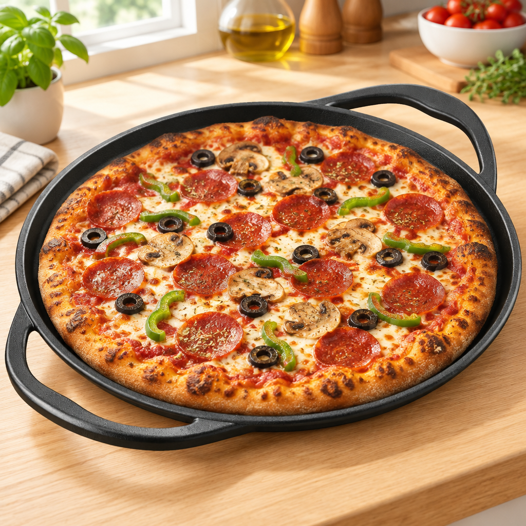 Bakken 14" Cast Iron Pizza Pan, Pre-Seasoned, styled in a kitchen