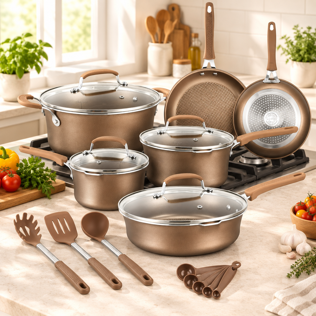 Bakken 14-Piece Pots & Pans Set, Nonstick, Gold, styled in a kitchen