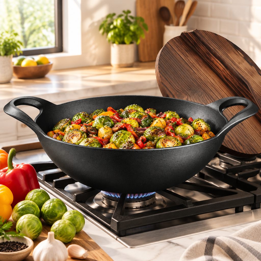 Bakken 14" Cast Iron Wok with Wooden Lid, Black, styled in a kitchen