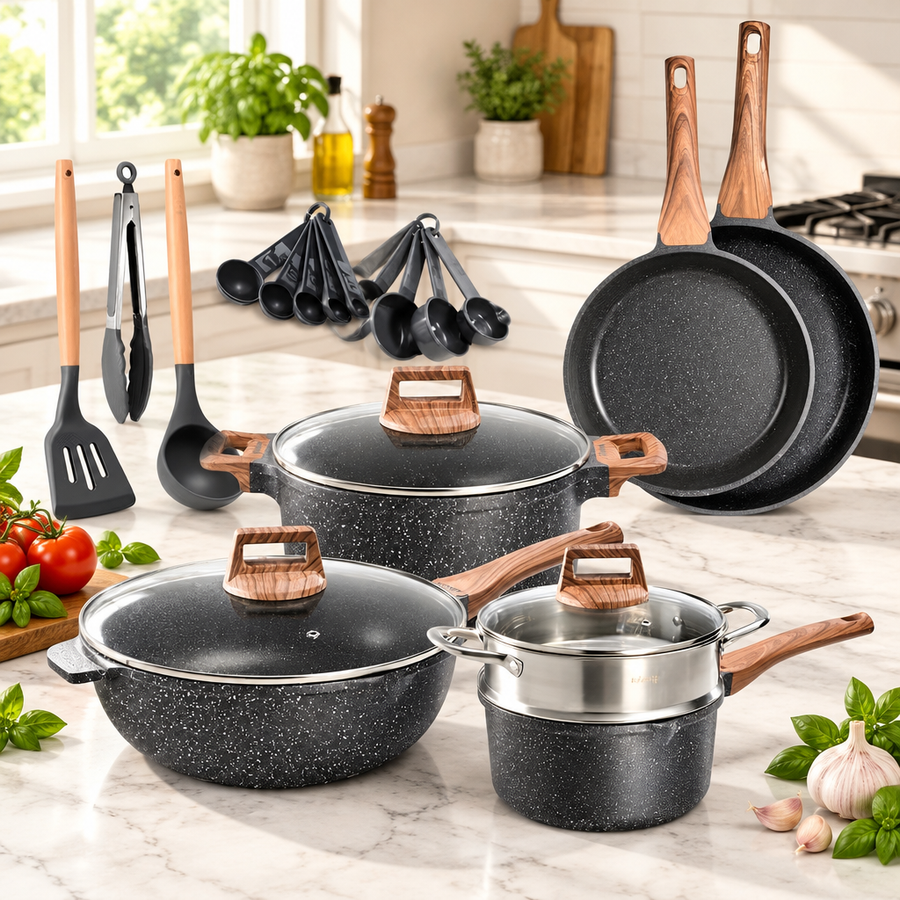 Bakken 14-Piece Granite Cookware Set, Marble, styled in a kitchen