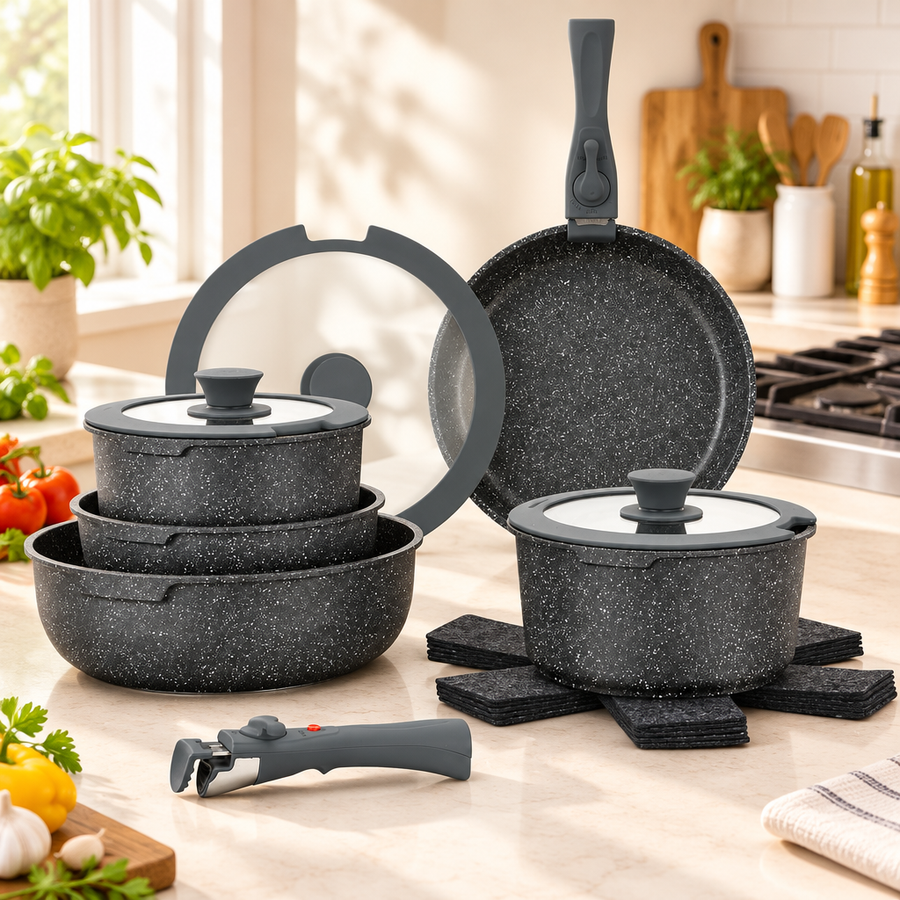 Bakken 15-Piece Detachable Cookware Set, Granite, Black Granite, styled in a kitchen