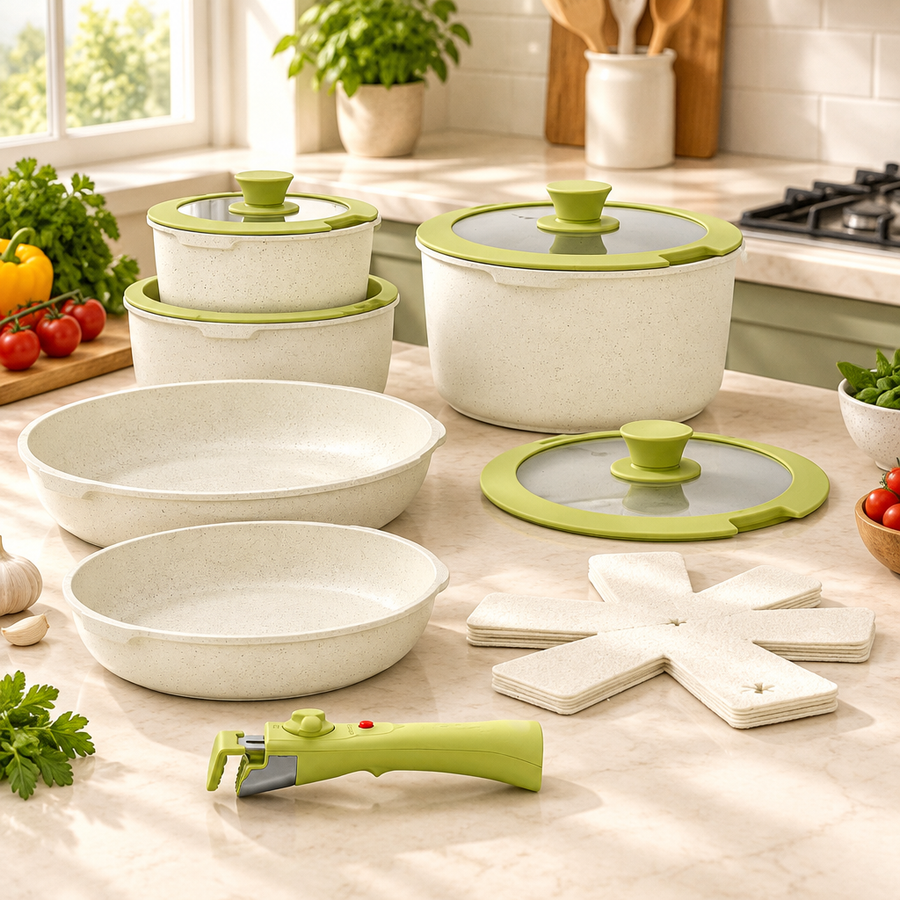 Bakken 15-Piece Detachable Cookware Set, Granite, Green/Cream, styled in a kitchen
