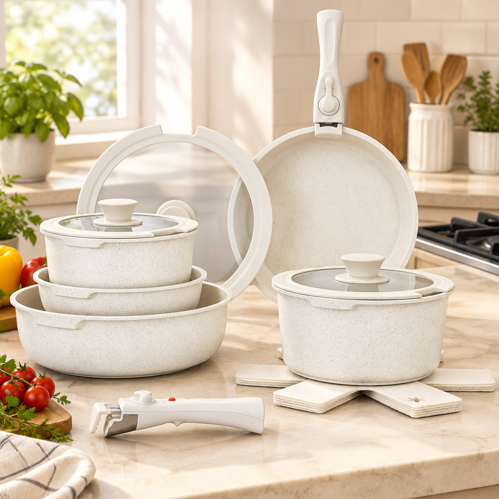 Bakken 15-Piece Detachable Cookware Set, Granite, White, styled in a kitchen