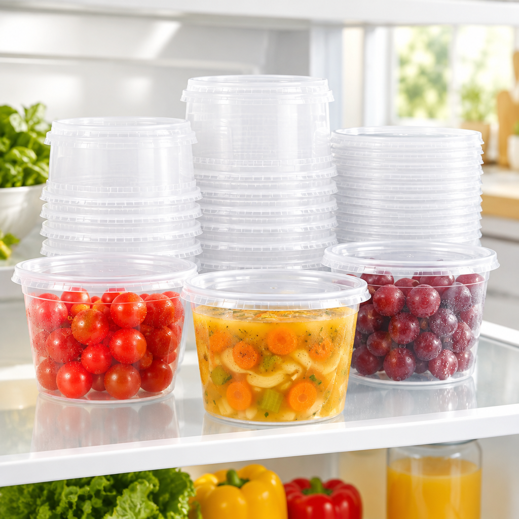 Bakken 16 oz Deli Containers with Lids, styled in a kitchen