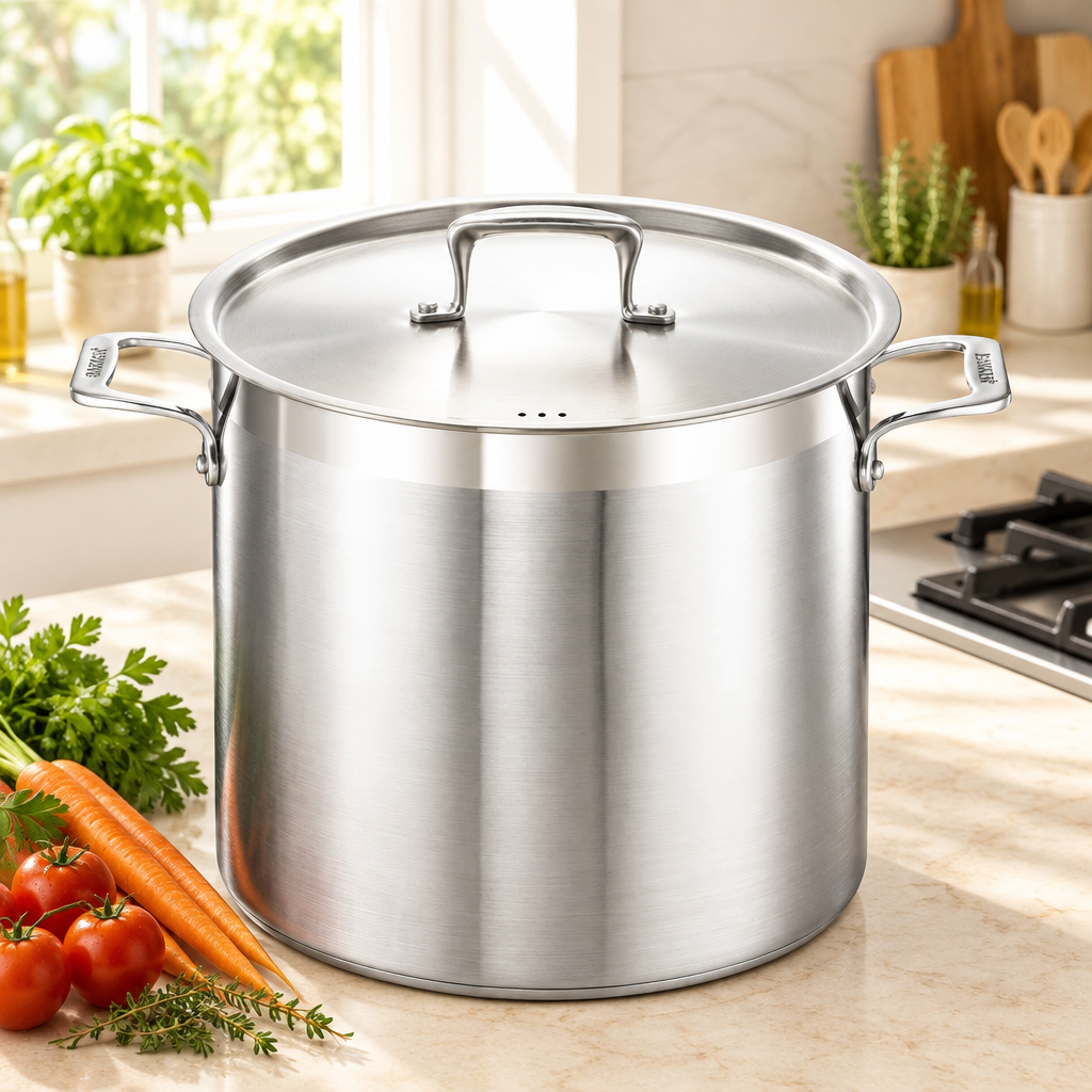 Bakken 16 QT Stainless Steel Stockpot, 18/8 Steel, styled in a kitchen