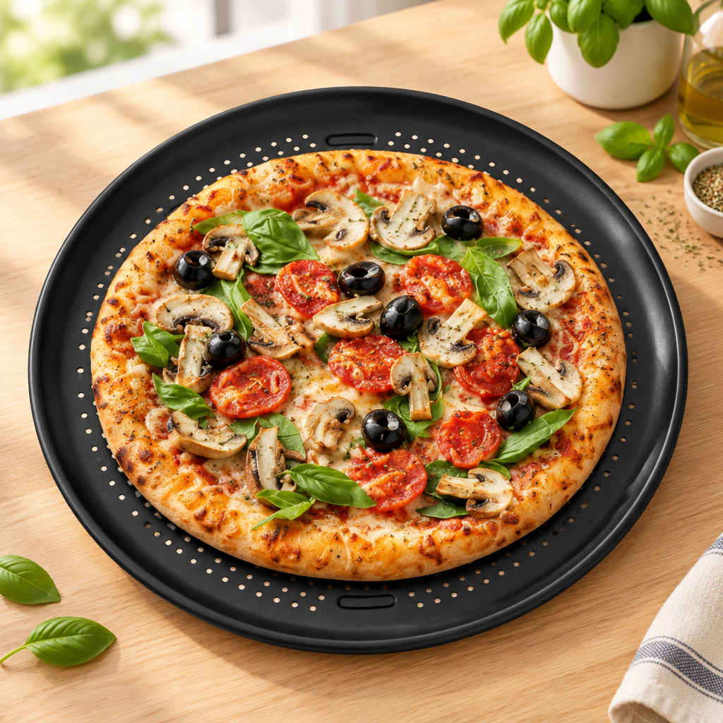 Bakken 16" Perforated Pizza Pan, Carbon Steel, Black, styled in a kitchen