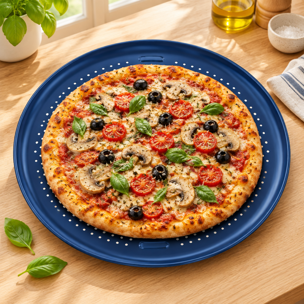 Bakken 16" Perforated Pizza Pan, Carbon Steel, Blue, styled in a kitchen