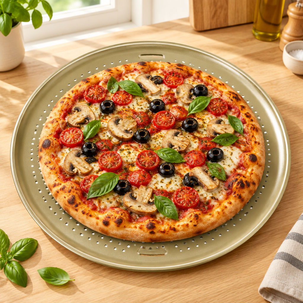 Bakken 16" Perforated Pizza Pan, Carbon Steel, Gold, styled in a kitchen