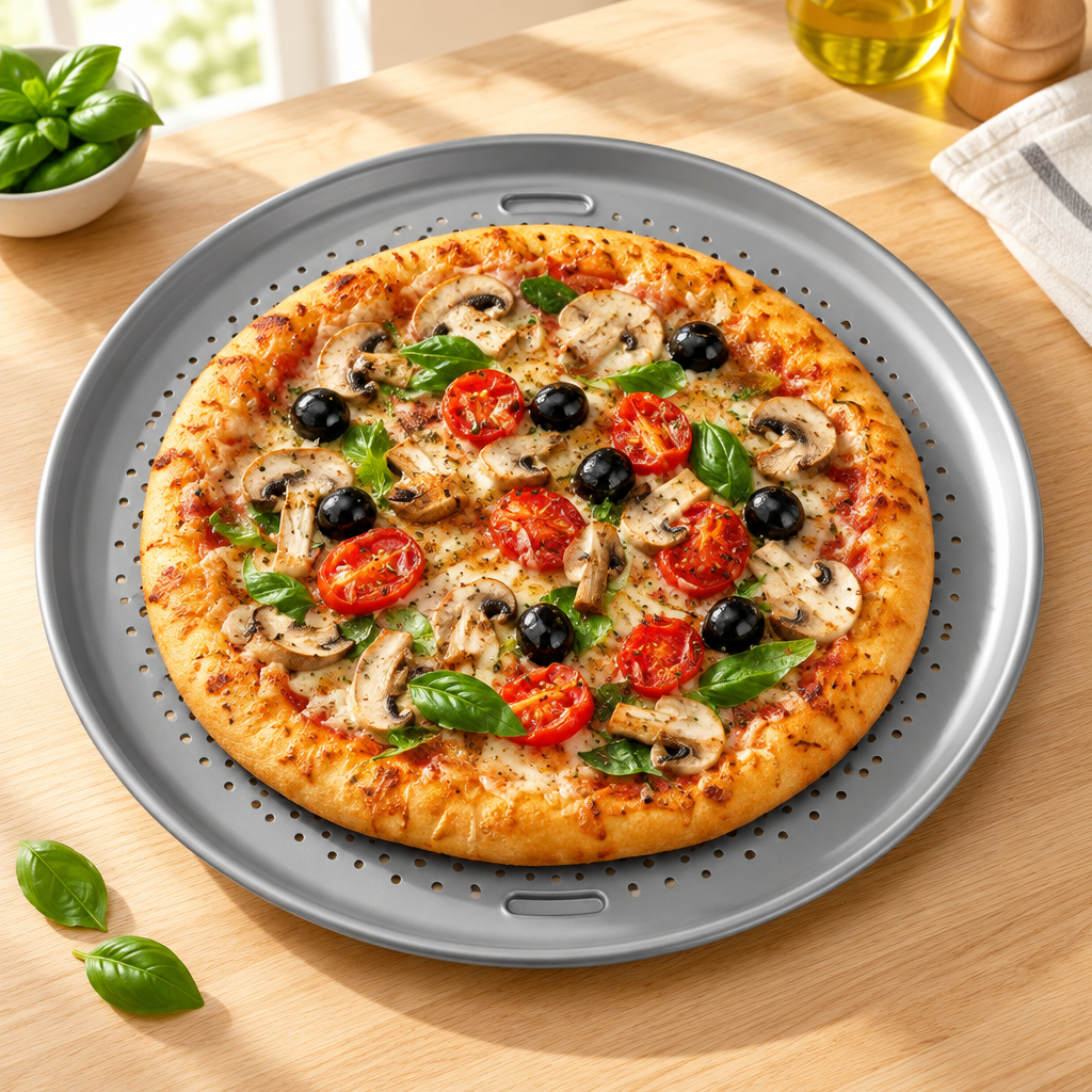 Bakken 16" Perforated Pizza Pan, Carbon Steel, Silver, styled in a kitchen