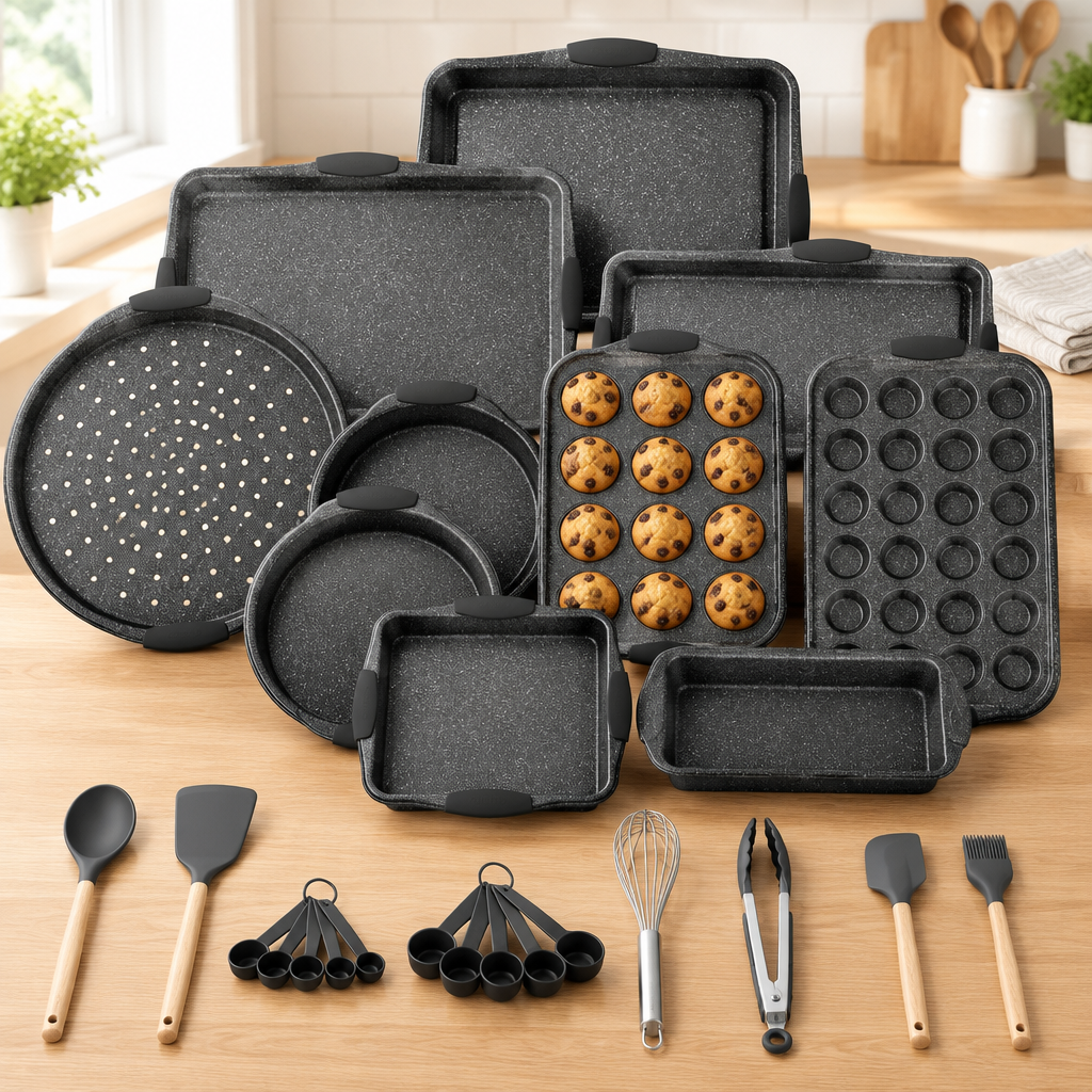 Bakken 18-Piece Bakeware Set, Gray Marble, styled in a kitchen