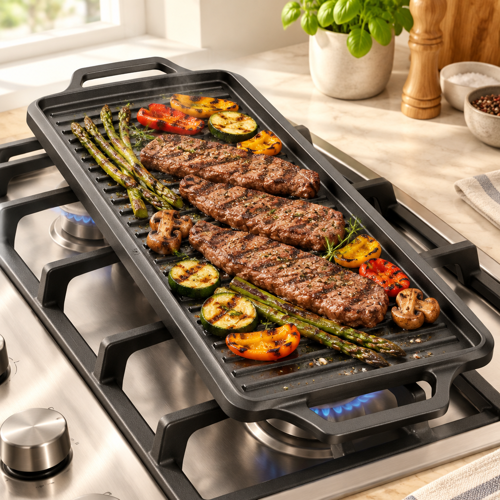 Bakken 18" Reversible Cast Iron Griddle, Black, styled in a kitchen