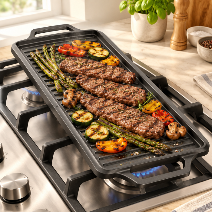 Bakken 18" Reversible Cast Iron Griddle, Black, styled in a kitchen