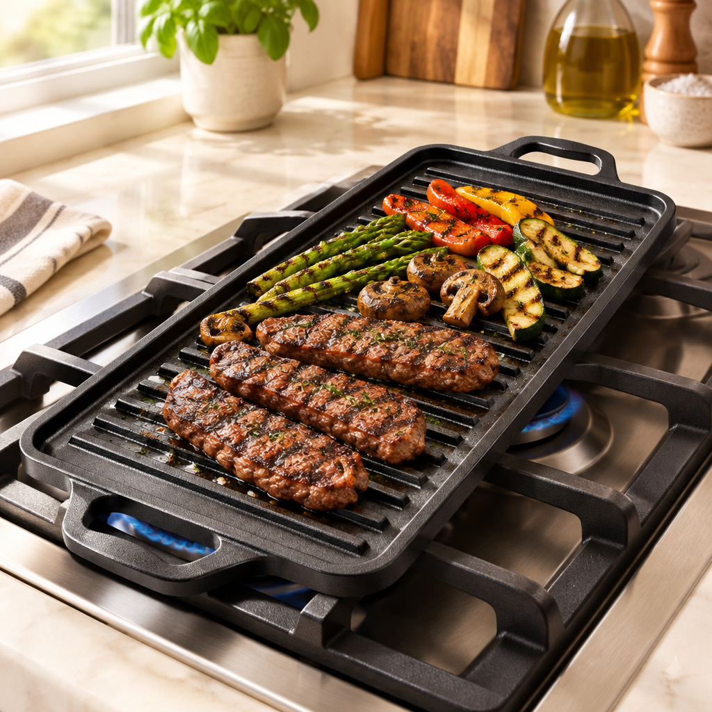 Bakken 19" Reversible Cast Iron Griddle, Black, styled in a kitchen