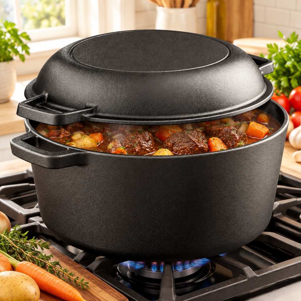 Bakken 2-in-1 Cast Iron Dutch Oven, 5 QT, Black, styled in a kitchen