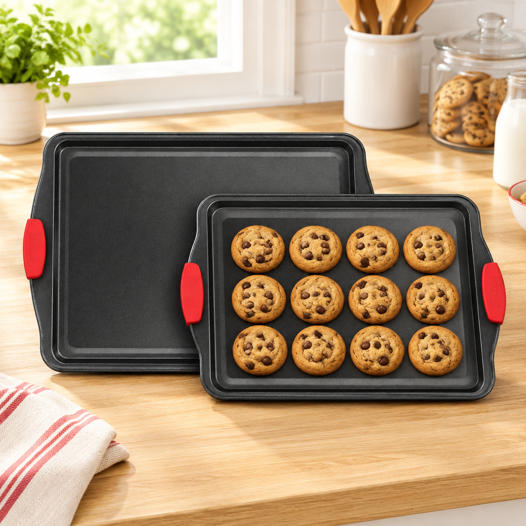 Bakken 2-Piece Cookie Sheet Set, Gray with Red Handles, styled in a kitchen