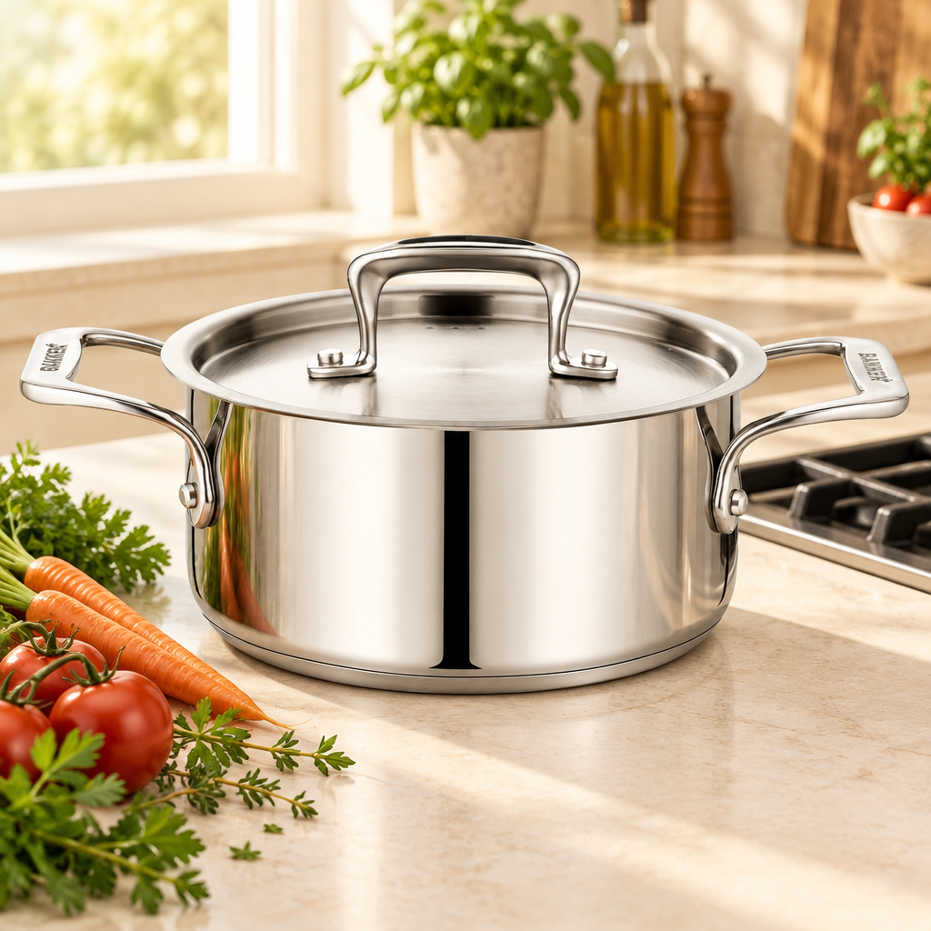 Bakken 2 QT Stainless Steel Stockpot, 18/8 Steel, styled in a kitchen