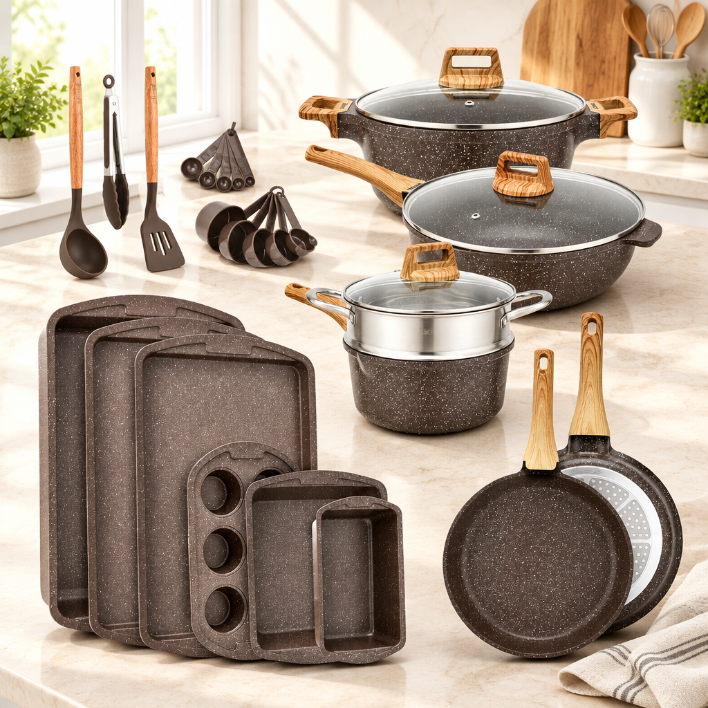 Bakken 20-Piece Granite Cookware and Bakeware Set in brown marble on a kitchen counter