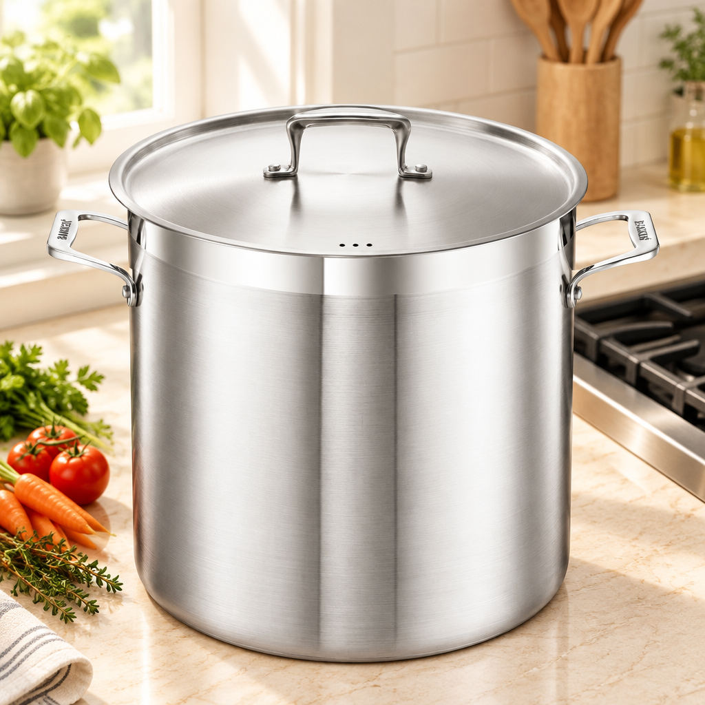 Bakken 20 QT Stainless Steel Stockpot, 18/8 Steel, styled in a kitchen