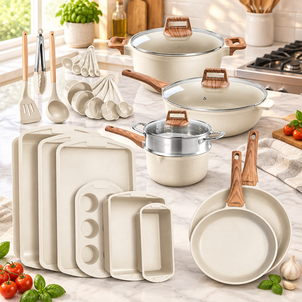 Bakken 20-Piece Granite Cookware Set, Cream, styled in a kitchen