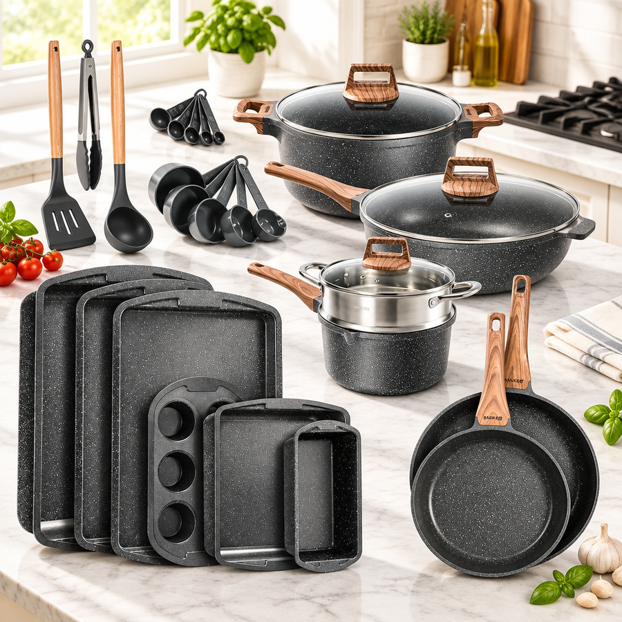 Bakken 20-Piece Granite Cookware Set, Marble, styled in a kitchen